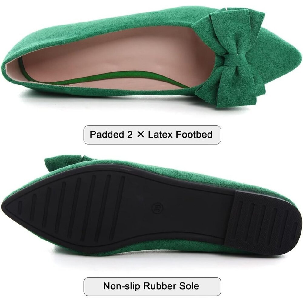 Women's Grass Green Bowknot Ballet Flats Pointy Toe Casual Flat Shoes Suede - Picture 4 of 6